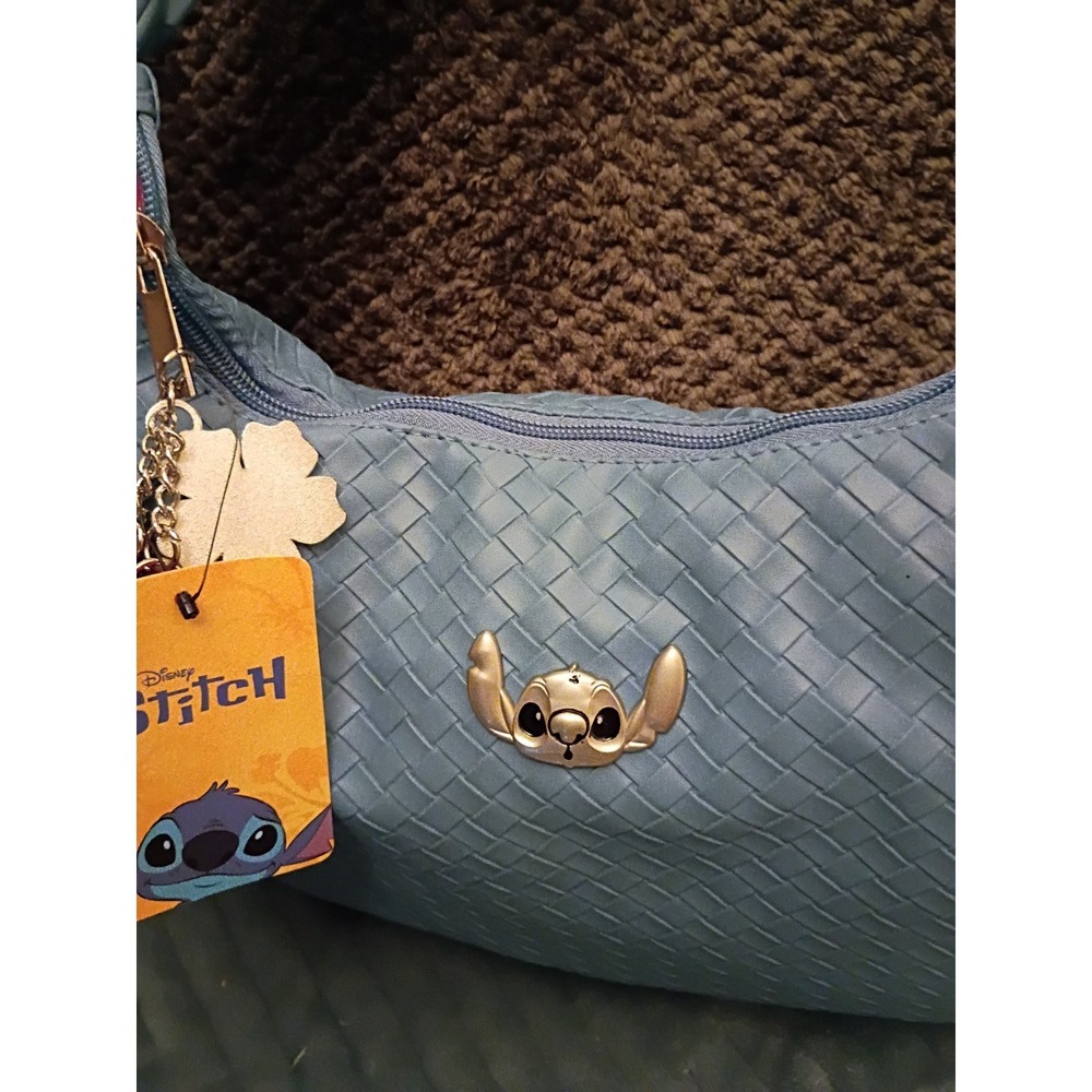 Disney Bioworld Stitch Blue Woven Hobo Shoulder Bag Tassel Charm Slouch Purse